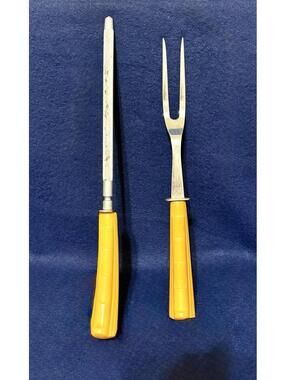 Vintage Bakelite Butterscotch Stainless Steel Meat Fork & Sharpening Steel Set